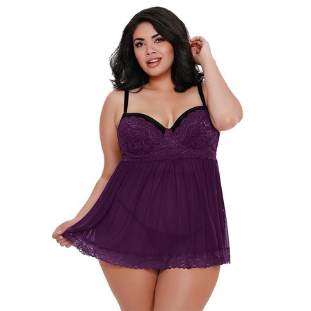 Dreamgirl Plus-Size Stretch Mesh and Lace Babydoll With Underwire Push-Up Cups, G-String, and Lace Overlay Plum Queen 2X Hanging | Climactic Adventures