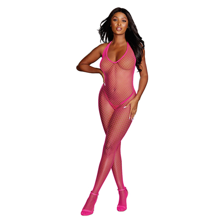 Dreamgirl Diamond-Net Halter Bodystocking With Open Crotch Neon Pink OS | Climactic Adventures