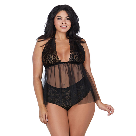 Dreamgirl Retro Short, Stretch Lace and Mesh Halter Babydoll Black Queen | Climactic Adventures