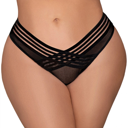 Dreamgirl Mesh Thong with Shadow Stripe Elastic Front Detail Black 3X Hanging | Climactic Adventures