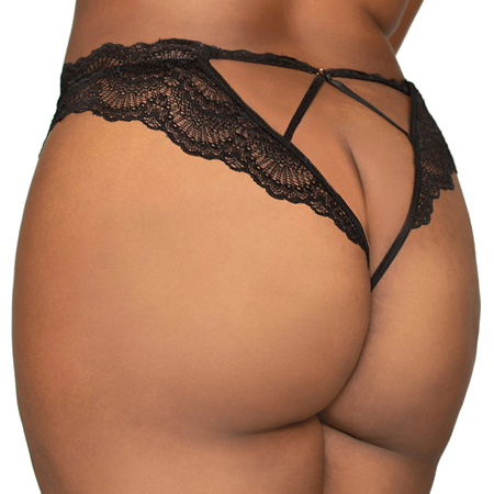 Dreamgirl Lace Tanga Open-Crotch Panty and Elastic Open Back Detail Black 1X Hanging | Climactic Adventures