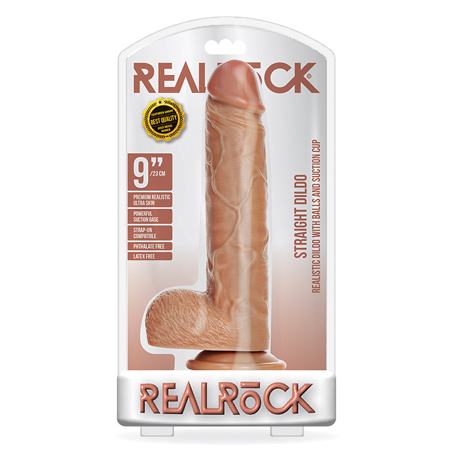 RealRock Straight Realistic Dildo with Balls and Suction Cup 9 in. Tan | Climactic Adventures