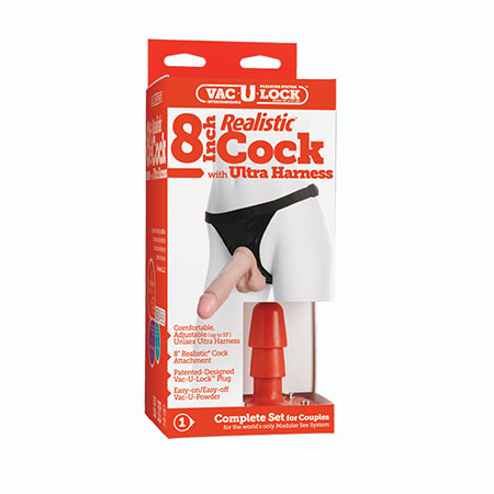 Vac-U-Lock - 8 Inch Realistic Cock - With Ultra Harness White | Climactic Adventures